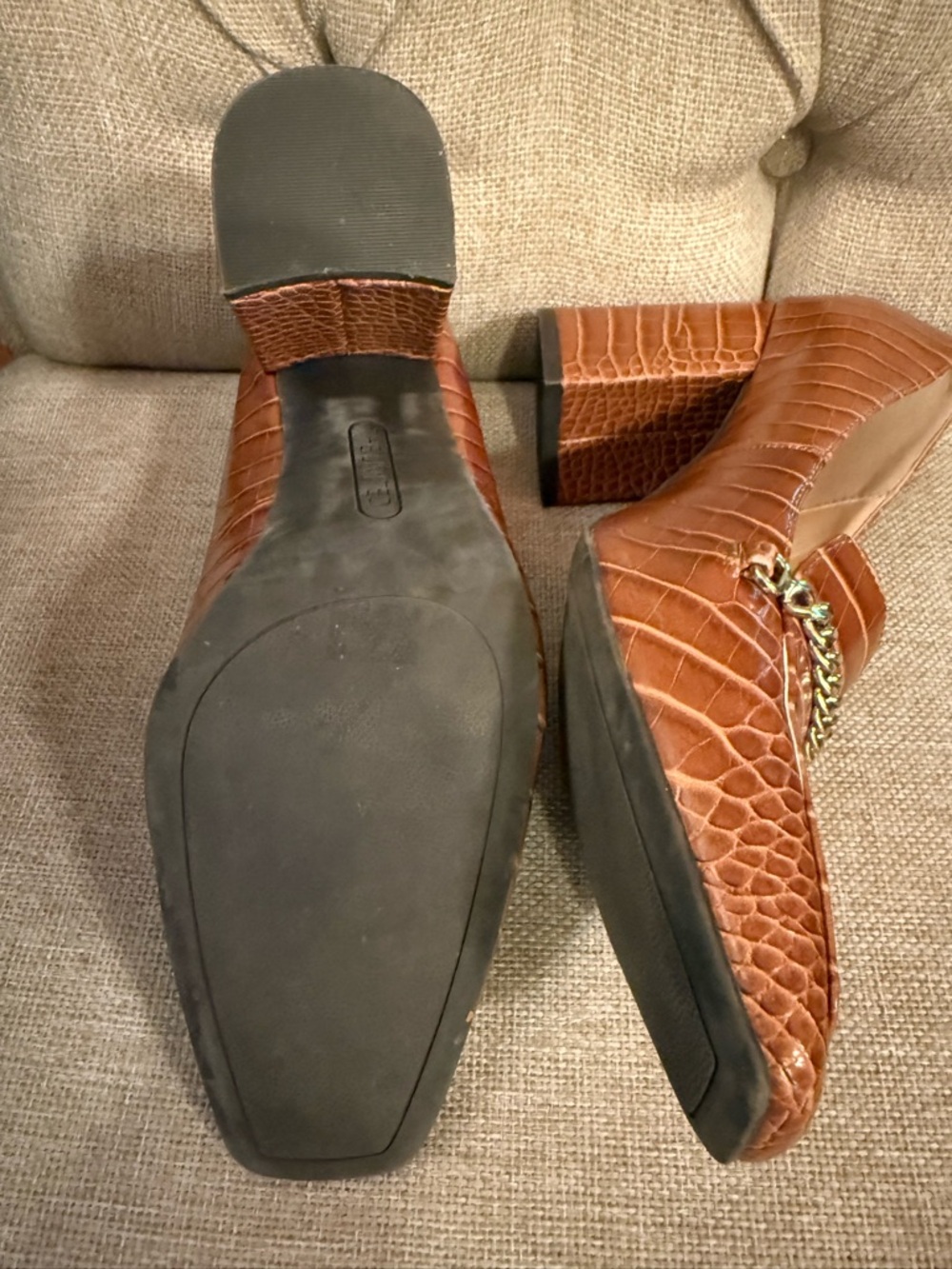 The Limited Benton Cognac Croc-Embossed Chain Loafers Chunky Heel 90s - Picture 6 of 10